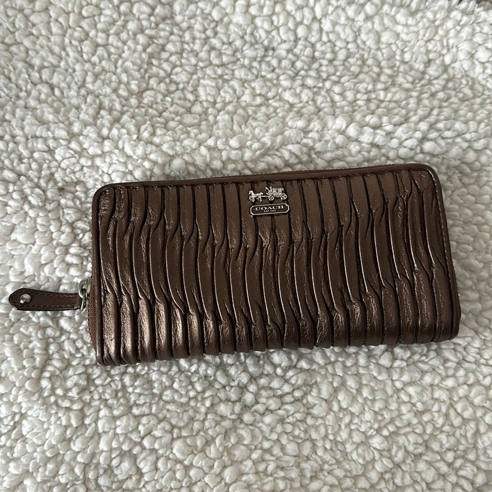 Coach Metallic Bronze Madison Gathered Leather Accordion Zip Wallet